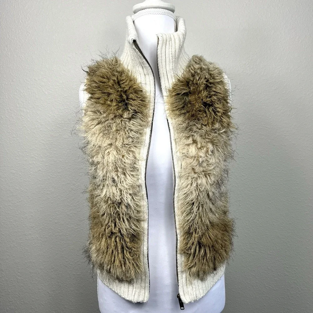Justice Girls Faux Fur Sweater Full Zip Mock Vest Size 12 Cream Y2K Boho Shaggy‎